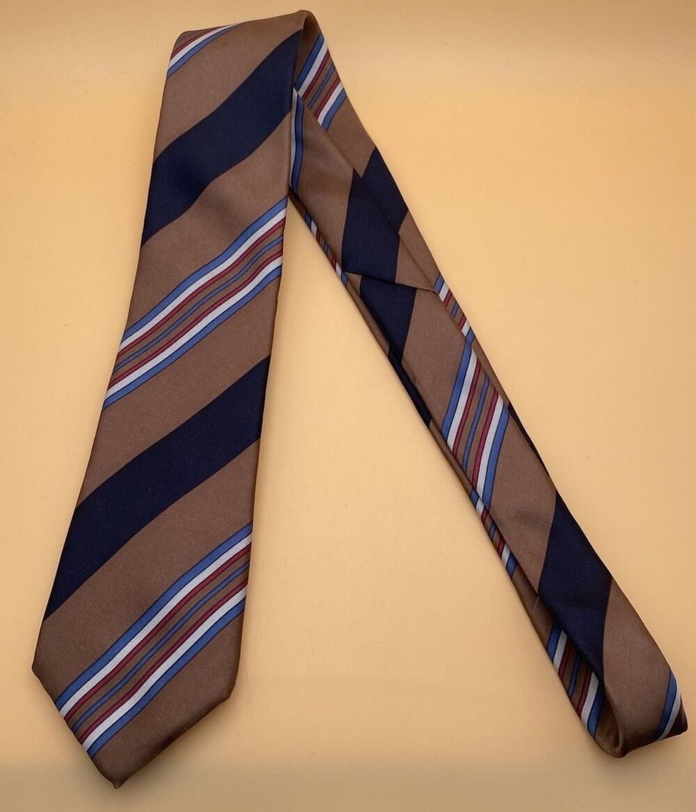 Vintage Lanvin Paris 100% Silk Striped Necktie Imported Italy Fabric Brown Blue